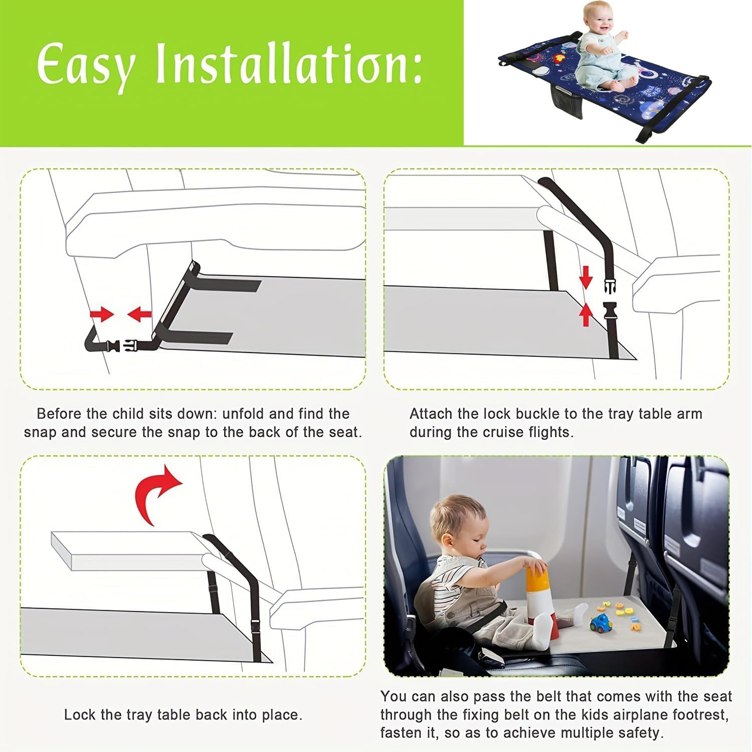 Yharnamite Airplane Seat Extender for Kids, Travel Bed for Kids, Airplane Seat Extender Portable with Side Pocket(Blue) image number 2