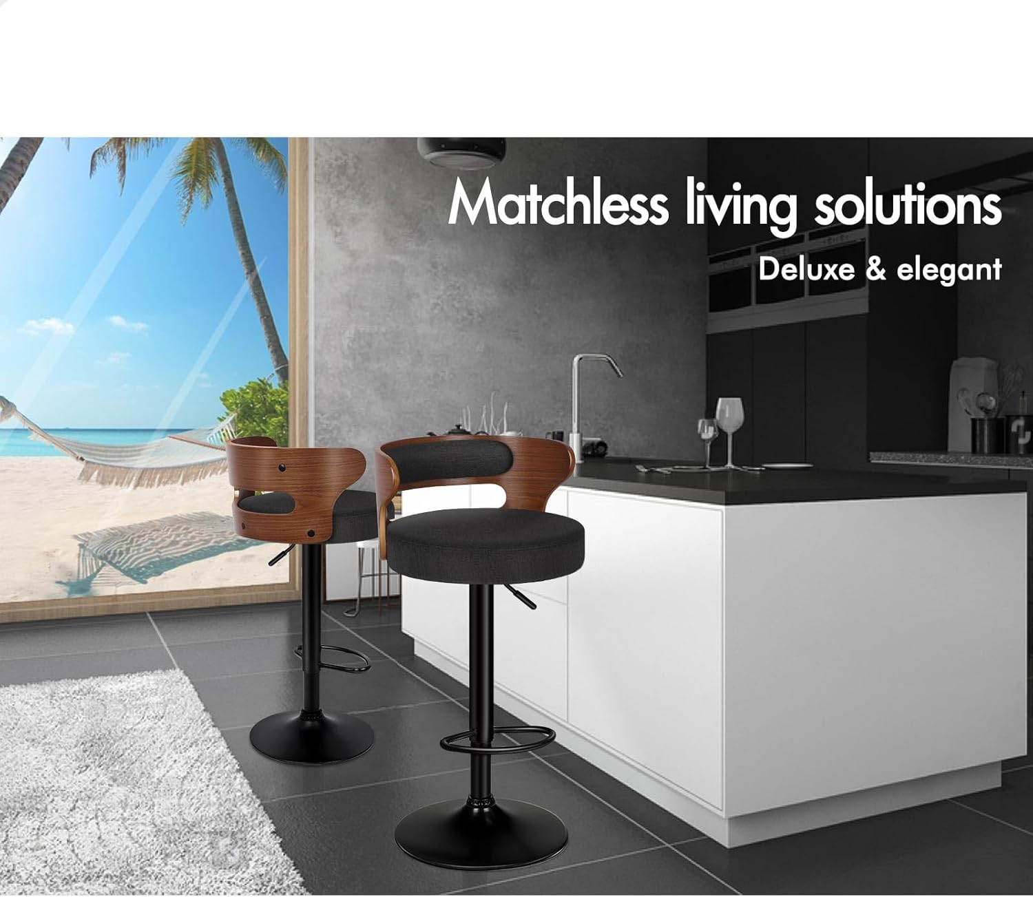 ALFORDSON Set of 4 Bar Stool Adjustable Kitchen Stool Swivel Counter Wooden Dining Chair in 61-82Cm Seat Height Gas Lift, White Bar Sets for Home Dining Room Cafe Shops Bars, Ramiro Fabric Black image number 3