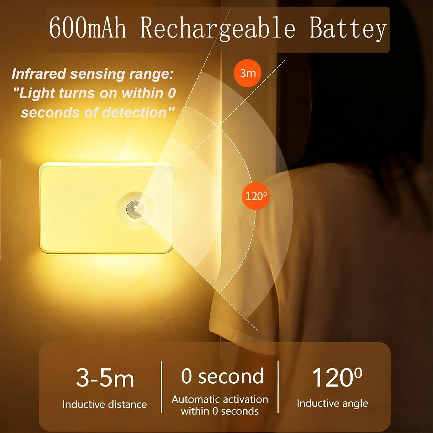 Motion Sensor Night Light, 600Mah Rechargeable Night Lights with Magnetic Base & Dusk to Dawn Sensor, Wireless Stair Lights Indoor Stick on Wall Night Lamp for Stairway Hallway Bedroom (4 Packs) image number 5