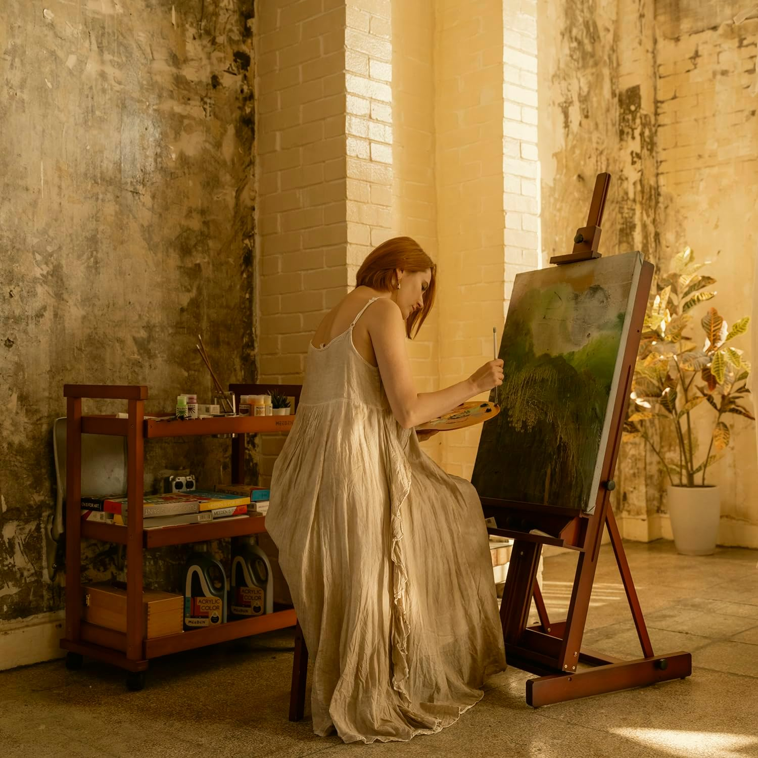 MEEDEN Walnut Large H- Frame Studio Easel, Solid Beech Wood Easel for Heavy Duty, Adjustable Floor Easel, for Acrylic, Watercolor, Oil Painting, Doing Pastel, Portrait Work, Hold Canvas up to 77" - Deep Walnut image number 6