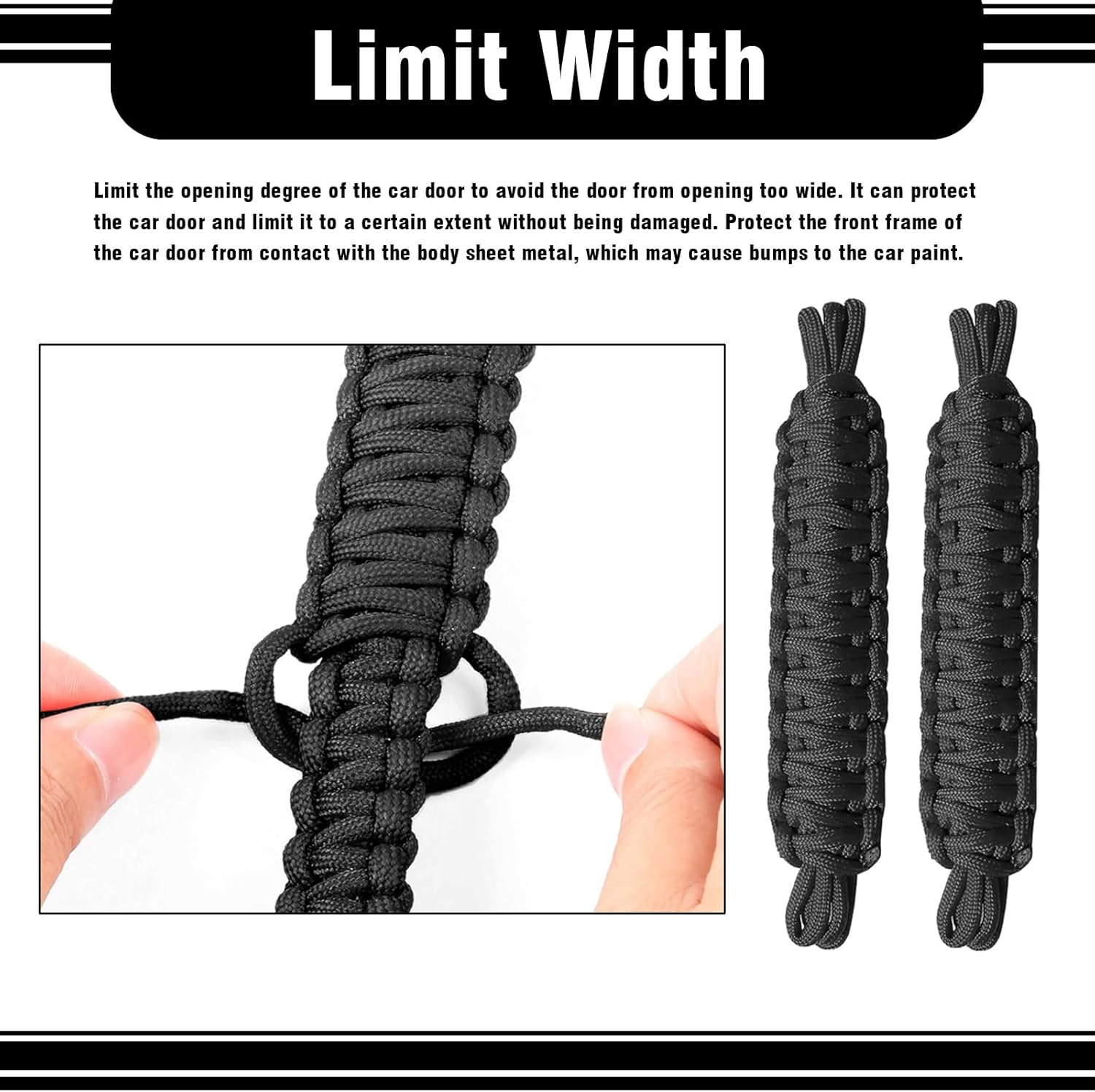 Yumfugu Pack-2 Car Door Limit Straps, Heavy-Duty Paracord Hand-Woven Straps Locator, Tensile Resistant Door Swing Limiter, Swing Door Check Limiter, for Jeep Wrangler CJ YJ TJ JK JKU JL (Black)