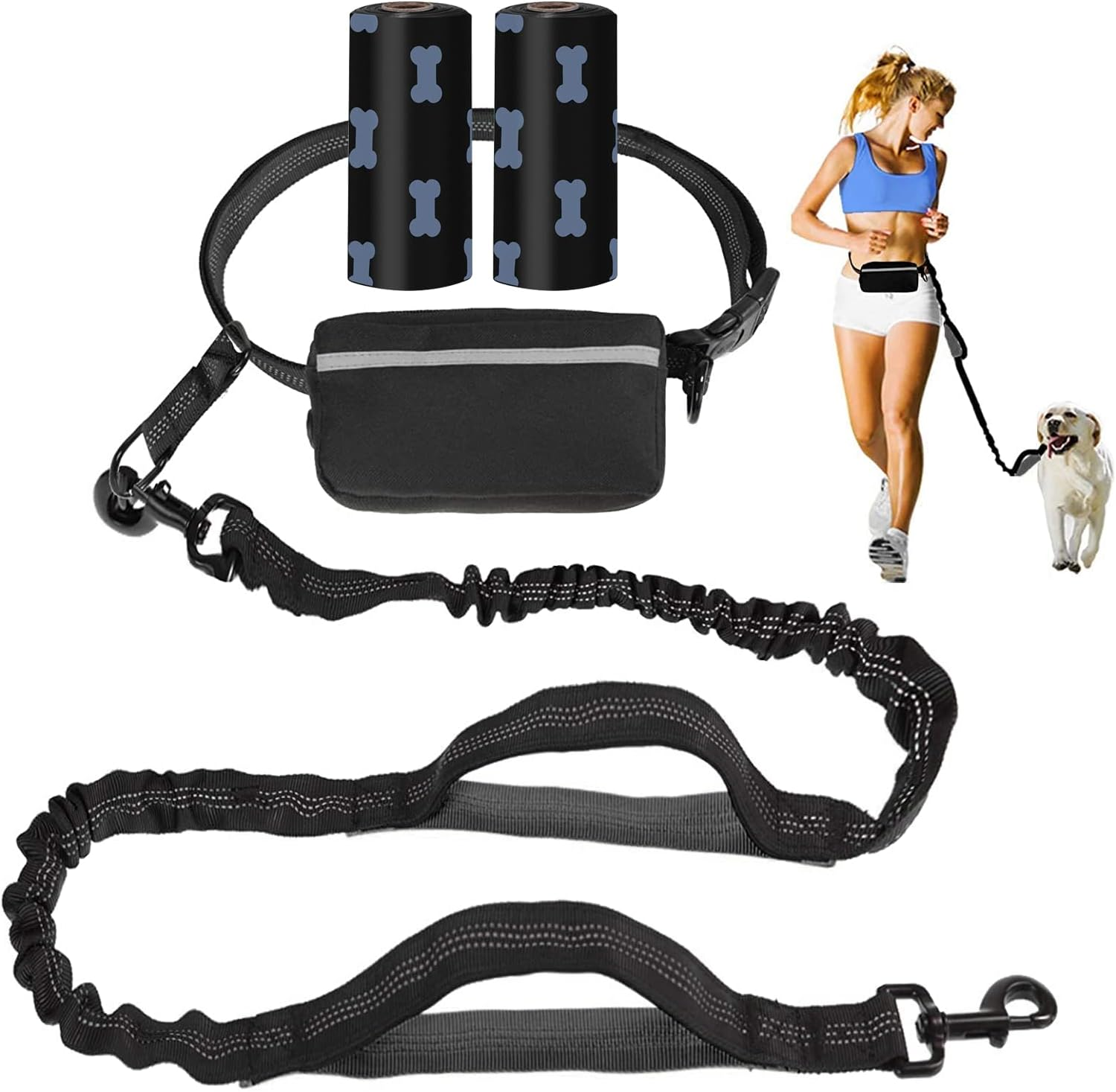 UPET Hands Free Dog Leash Professional Reflective Training Leashes Small Medium and Large Dogs Accessories Leads Suitable for Running Walking Jogging Hiking Adjustable Waist Belt Zipper Pouch（Green）