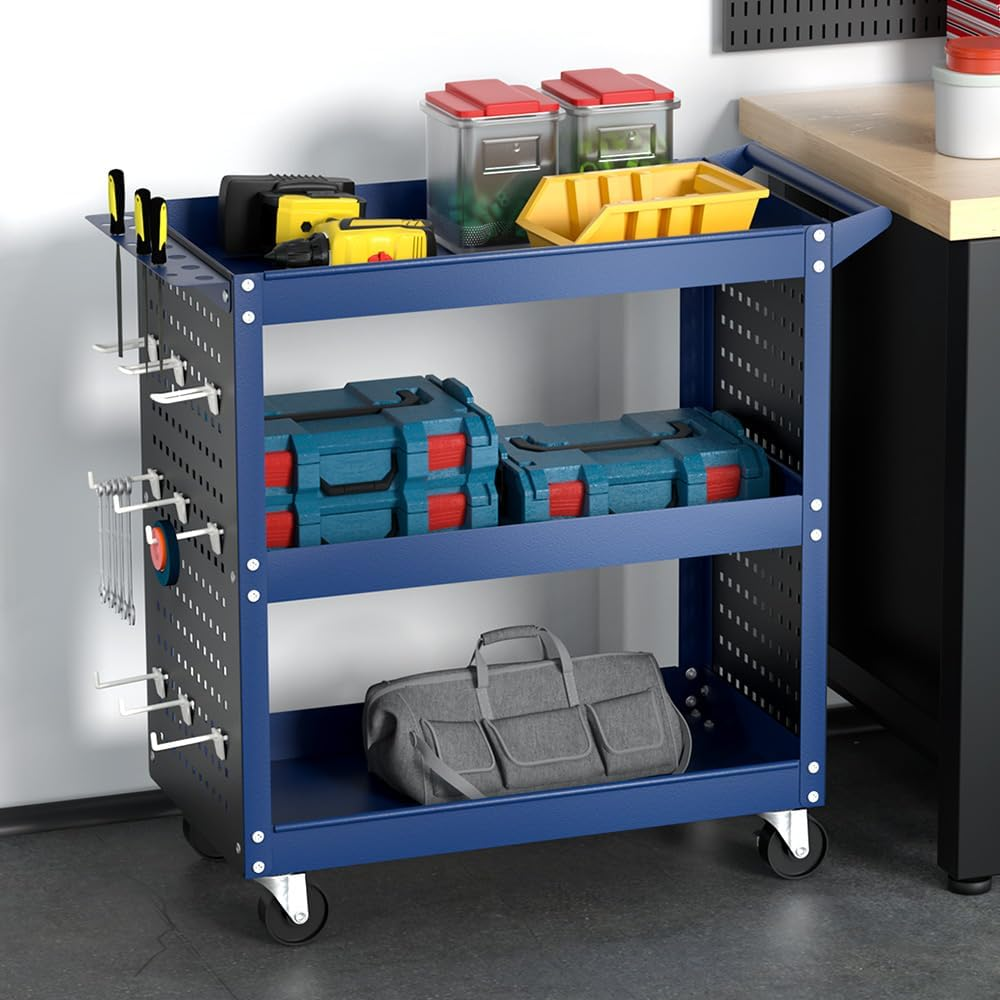 Giantz 3-Tier Large Tool Chest Trolley, Durable Toolbox Tools Storage Box Cabinet Cart Garage Storage Organiser Boxes for Workshop Garage, 150Kg Capacity Heavy Duty with 4 Wheels Blue