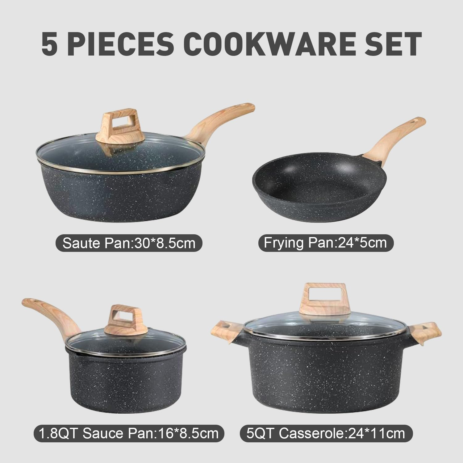 Sonicefit Nonstick Pots and Pans Set, 7PCS Induction Healthy Cookware Set with Saute Pan Saucepan Casserole Frying Pan, Non-Toxic Kitchen Cooking Set for All Stoves, PFAS & PFOA Free (Black-7Pcs)