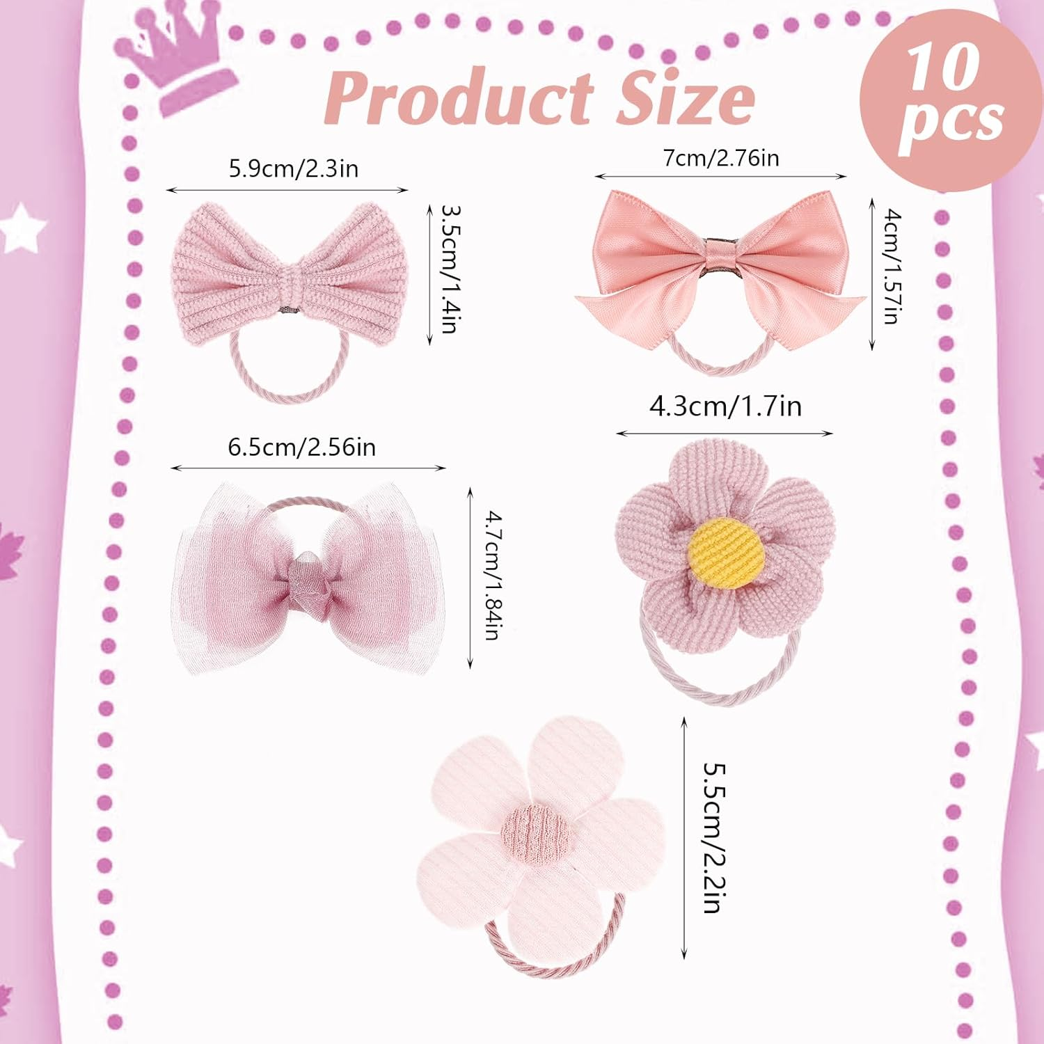 Pack of 10 Cute Hair Bobbles with Bow, Pink Elastic Hair Bands, Cute Flower Hair Scrunchies for Baby Girls, Toddlers, Accessories image number 4