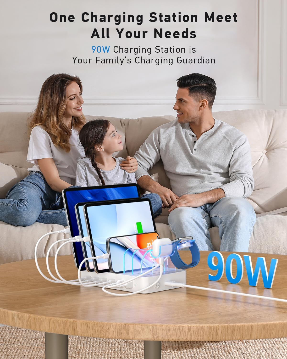 Soopii 90W Charging Station for Multiple Devices, 6 Port Multi USB C Charger Station with 6 Mixed Short Cables,Pd 20W Charging Dock for Lphone,Galaxy,Ipad,Tablet and More Electronic Devices,White image number 2