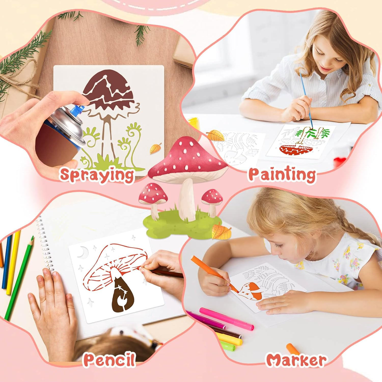 Dayker 12PCS Mushroom Stencils, Reusable Plastic Craft Stencil, Mushrooms Moon Plants Drawing Template, DIY Art Decor for Painting on Wall Canvas image number 1