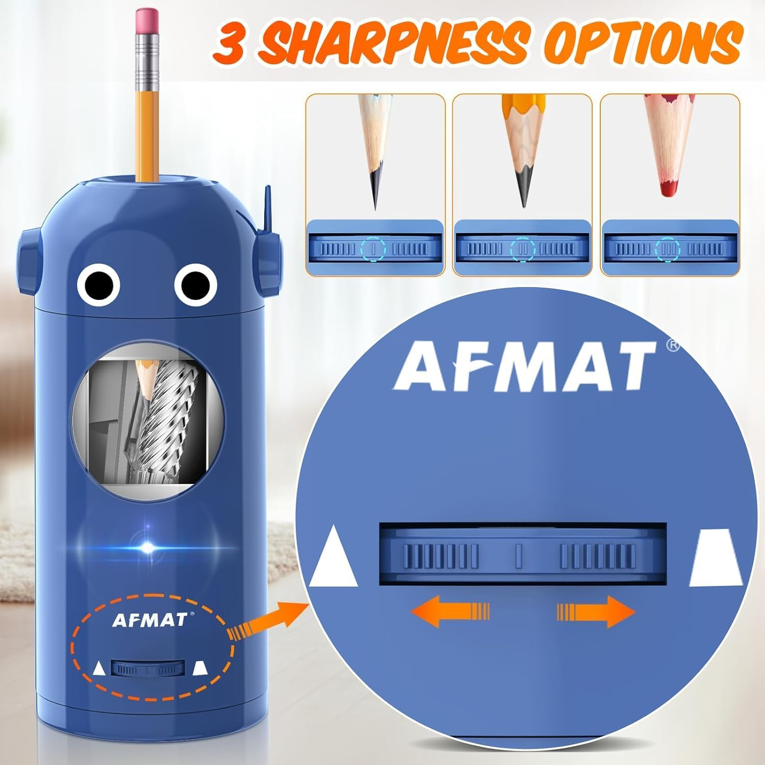AFMAT Electric Pencil Sharpener, Fully Automatic Robot Pencil Sharpener for Colored Pencils 7-11.5Mm, Auto in & Out, Rechargeable Hands-Free Pencil Sharpener for Home/Classroom/Office, Blue image number 6
