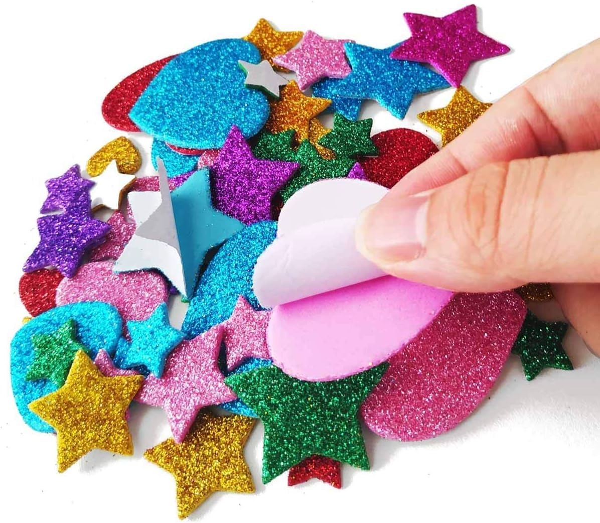 300 Pieces Colorful Glitter Foam Stickers Self Adhesive Stars Mini Heart Shapes Glitter Stickers, Kids Arts Craft Supplies Greeting Cards Home Decoration Stars&Heart Shapes,Valentines Stickers image number 2