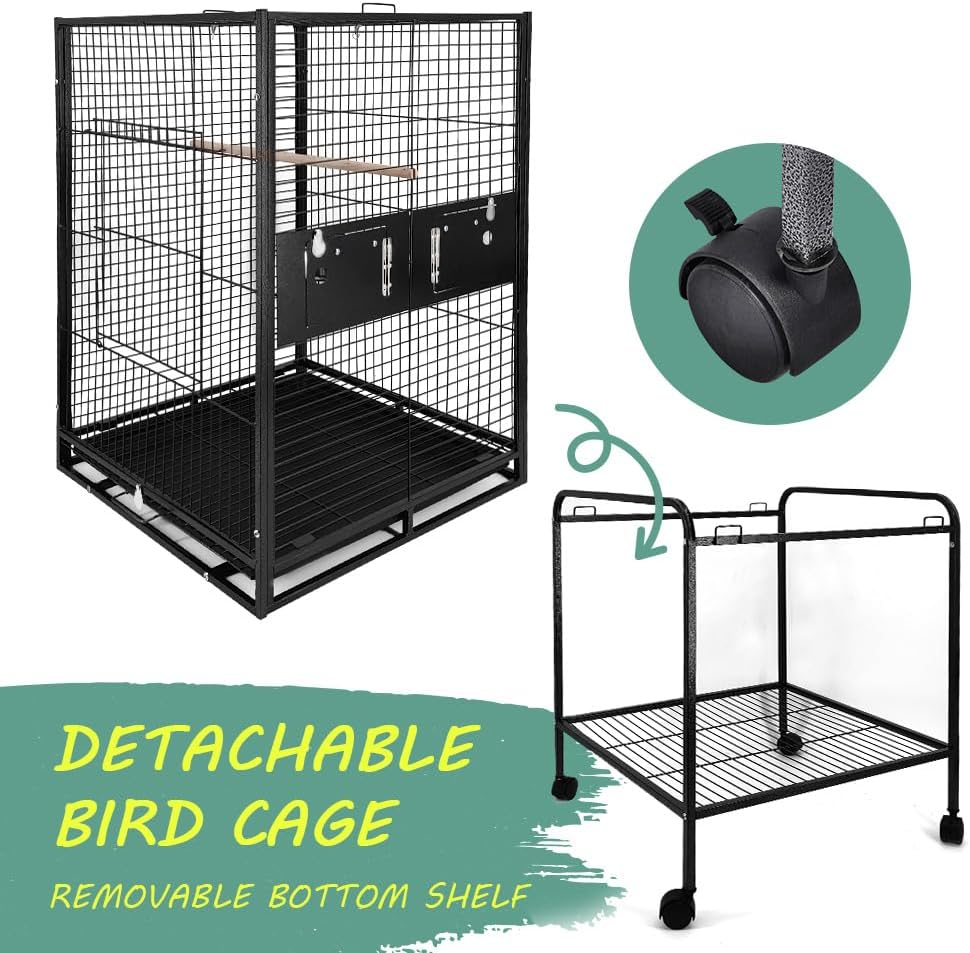 Taily Bird Cage Stand-Alone Aviary 145Cm Large Bird Cages Travel Stand Budgie Parrot Birdcage with Removable Tray Black