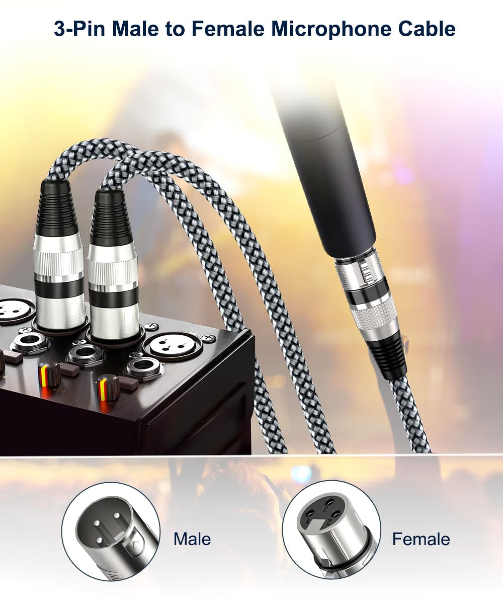 Elebase XLR Microphone Cable 1M 2Pack,Xlr Male to XLR Female Mic Cord,3-Pin Balanced Shielded Cables Wire,For Amplifier Mixer,Recording Studio,Speaker Systems,Foot,Ft