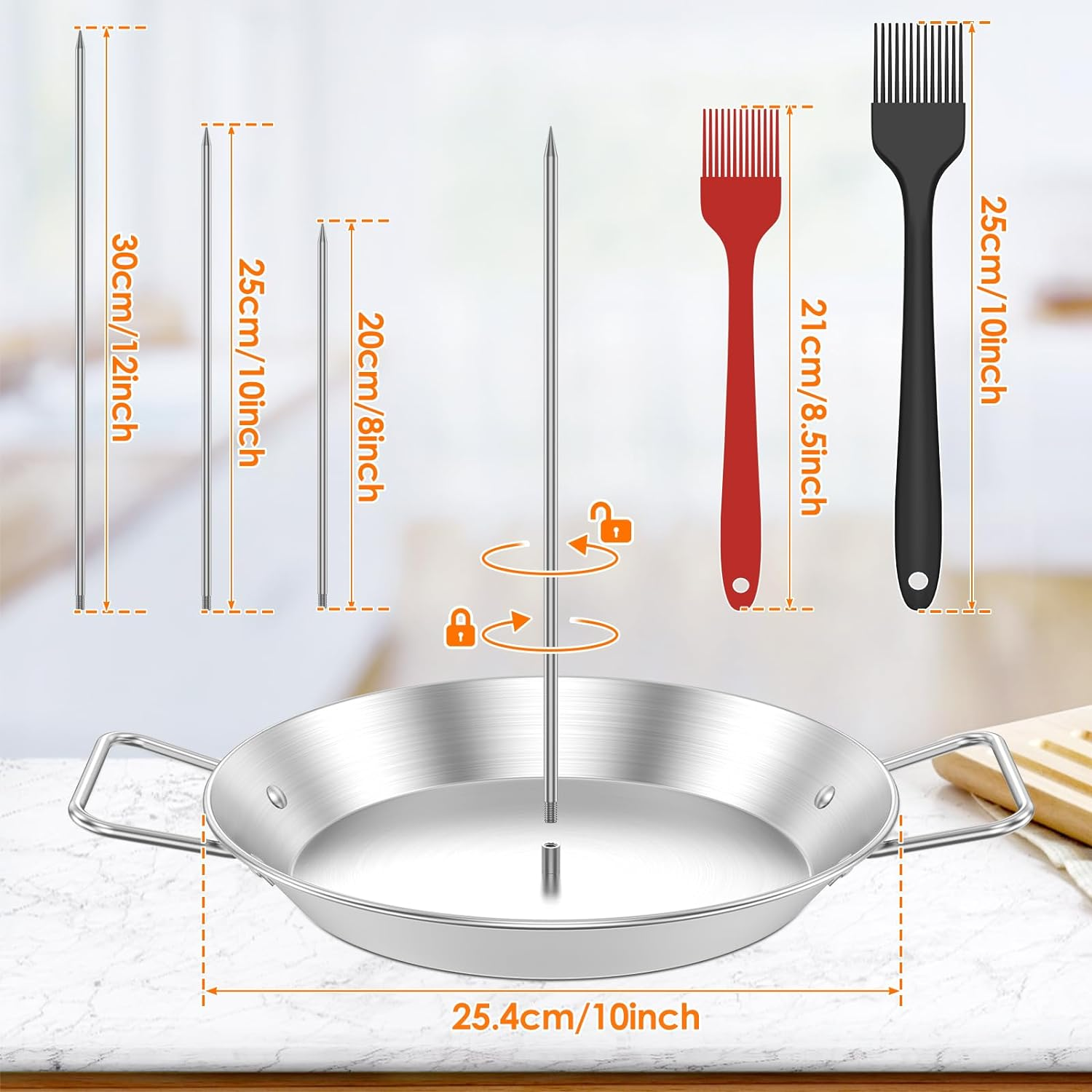 Vertical Skewer for Grill Stainless Steel BBQ Vertical Skewer Grill Reusable Gyro Pan with 8/10/12Inch Roasting Sticks and Brush Vertical Meat Skewer Stand with Handle for Picnic Kebabs image number 4