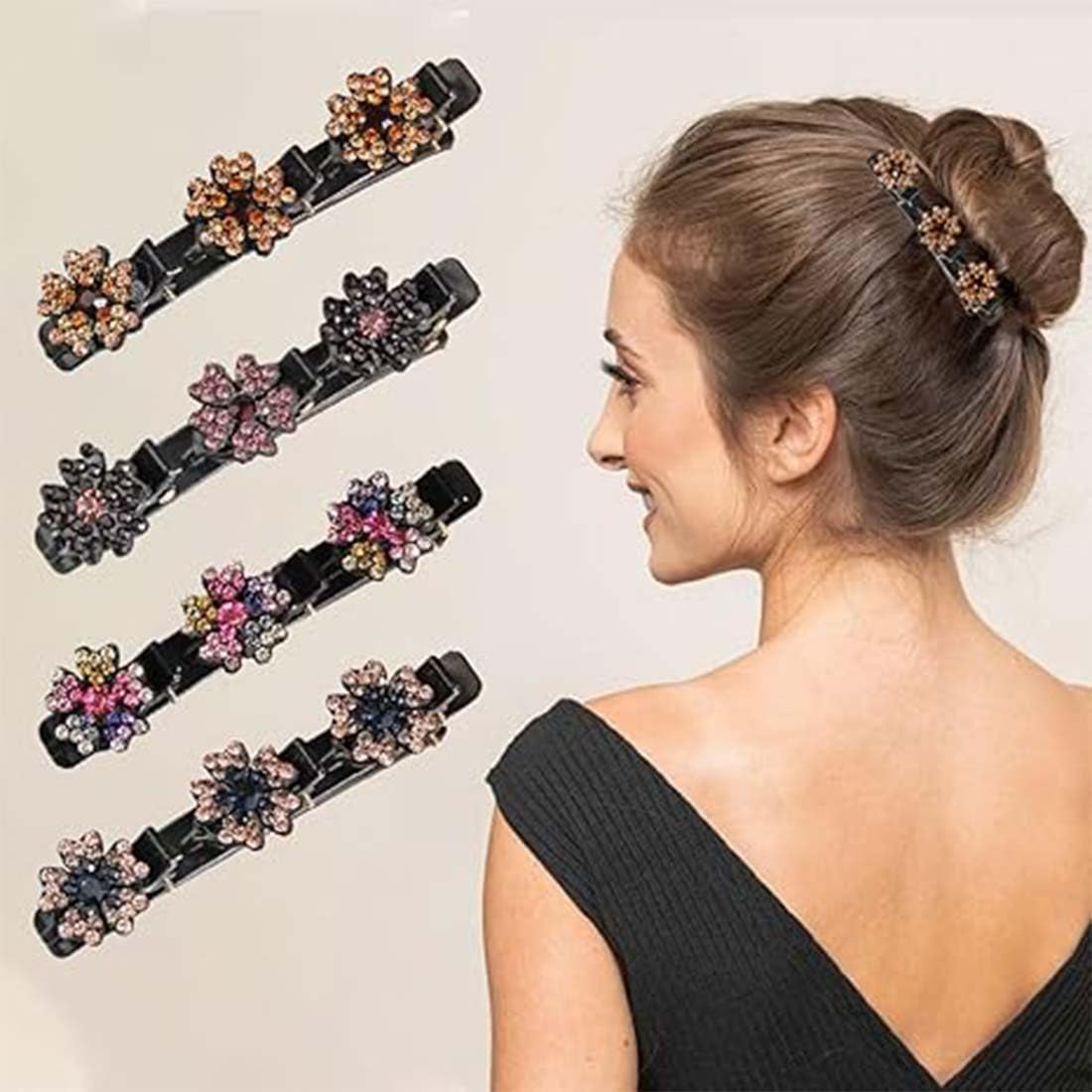 LAKJUOZ Pack of 8 Glittering Crystal Stone Braided Hair Clips, Hummingbird Hair Clip with Crystal Flower, Braided with Mini Hair Clips, Double Layer Mini Hair Clips, Four Leaf Clover and Flowers image number 5