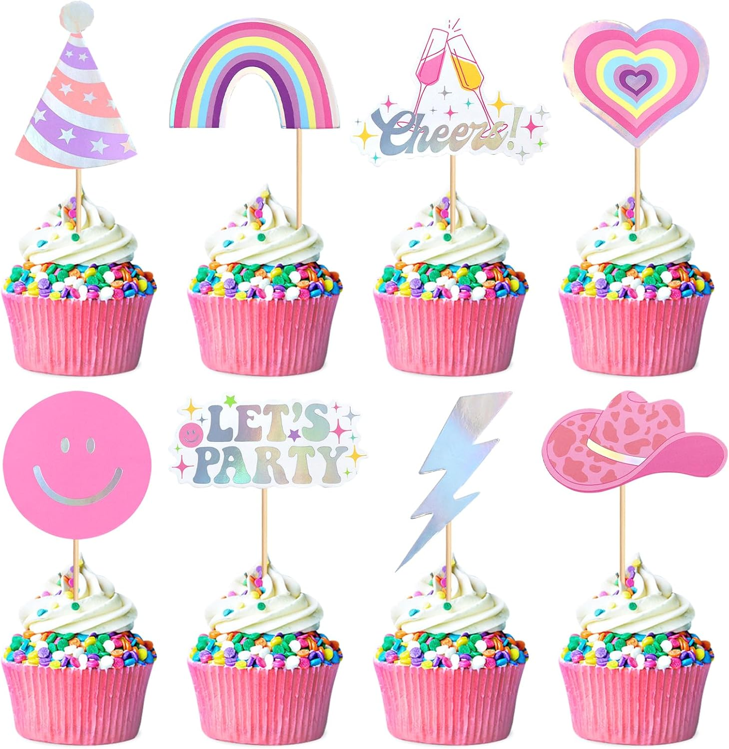 32PCS Let'S Party Cupcake Toppers Cowboy Rainbow Smile Face Heart Cupcake Picks Let'S Go Dance Cake Decorations for Disco Theme Wedding Women Birthday Party Supplies Pink