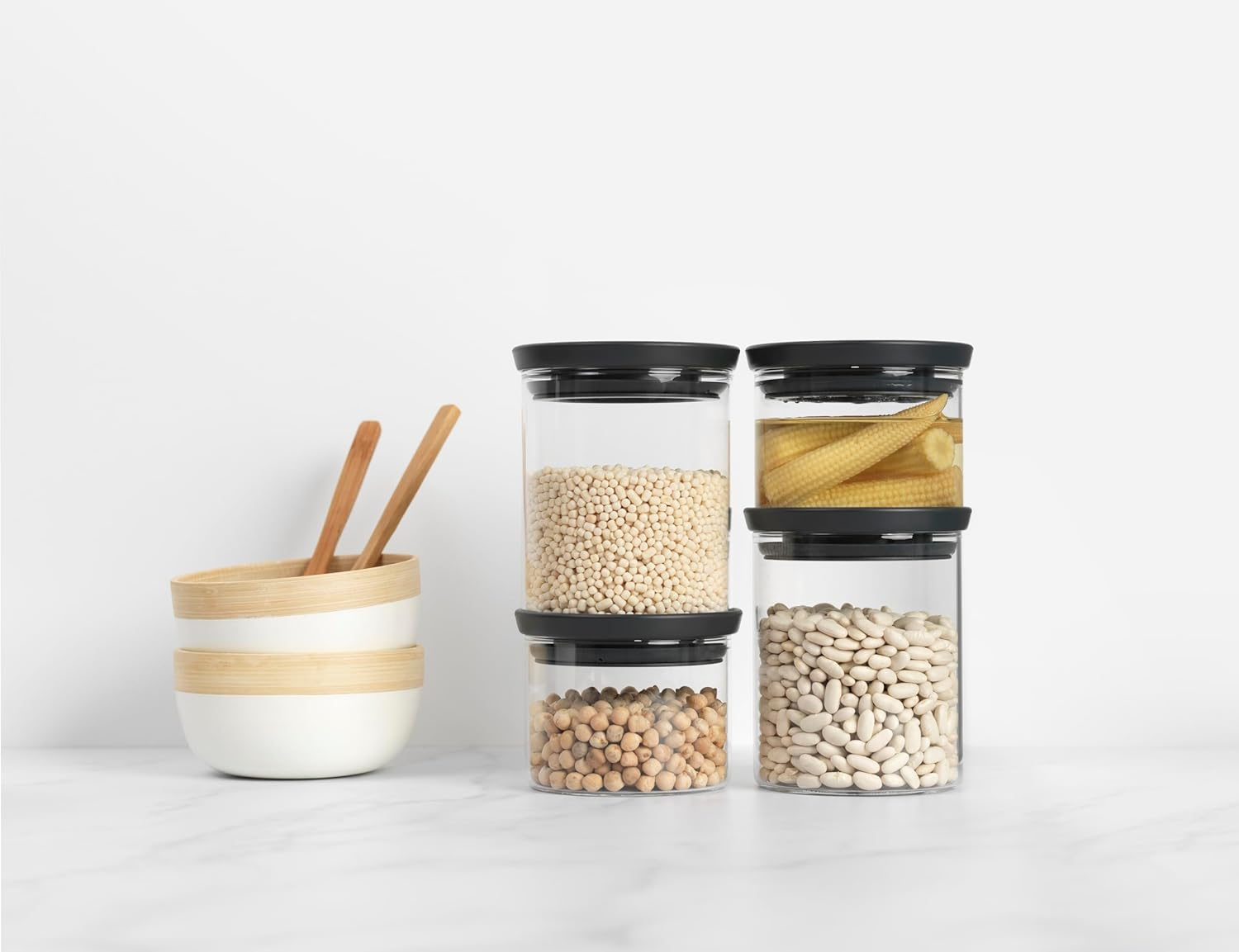 Brabantia 4Pc Stackable Glass Food Jars (Dark Gray) 2X 0.07 & 2X 0.13 Gal Heat-Safe, Dishwasher-Safe, Air-Tight Pantry Organizers