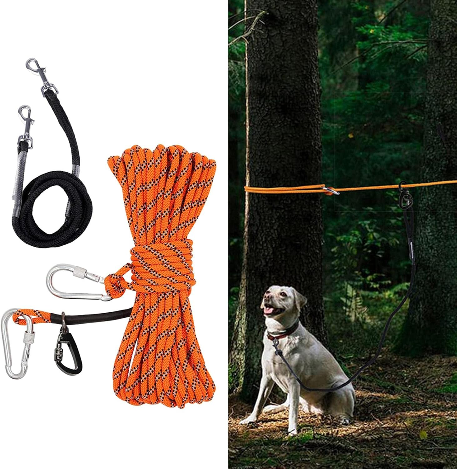 JISADER 50Ft Dog Trolley Runner Cable Carabiners Pulley Smooth Sliding Tether Ropes Outdoor Activities Gardens Camping image number 6