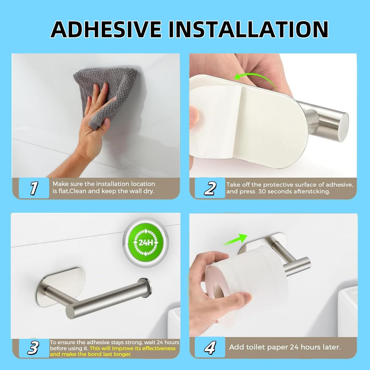 Toilet Paper Holder Self Adhesive - Kitchen Washroom Adhesive Toilet Roll Holder No Drilling for Bathroom Stick on Wall Stainless Steel Brushed (Sliver) image number 3