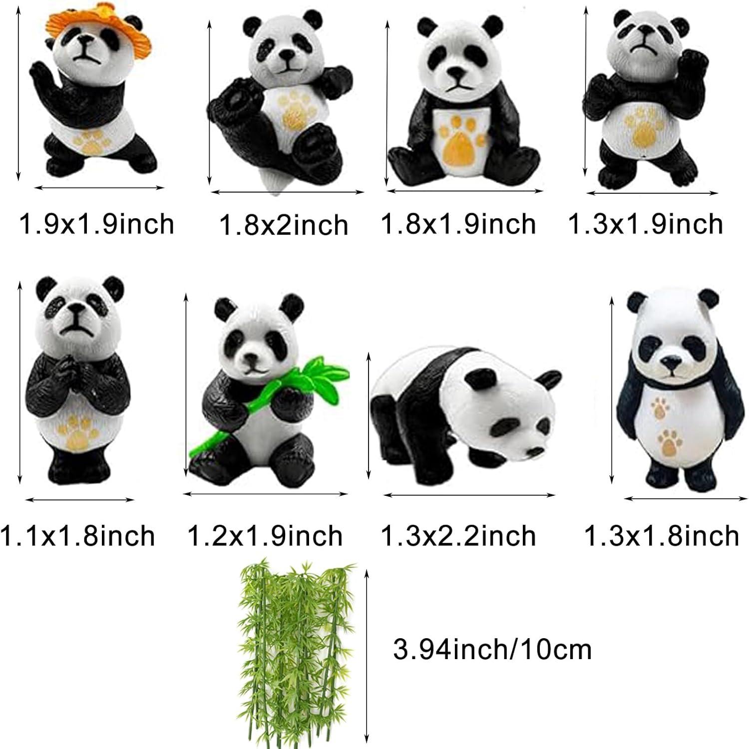 8Pcs Miniature Panda Figurine with 10Pcs Bamboo Resin 2Inch Mini Animals Landscape Decoration for DIY Fairy Garden Dollhouse Bonsai Craft Accessories Birthday Party Cake Topper