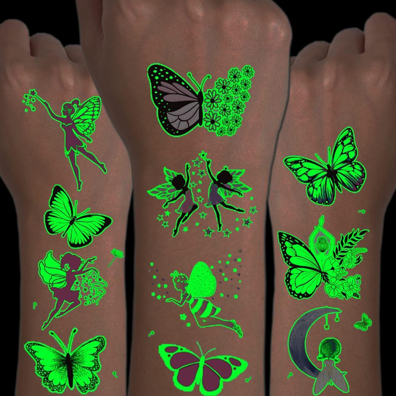 CHARLENT Luminous Butterfly Tattoos for Kids - 14 Sheets Glow in the Dark Butterfly Fairy Temporary Tattoos for Girls Birthday Party Favors Goodie Bag Fillers