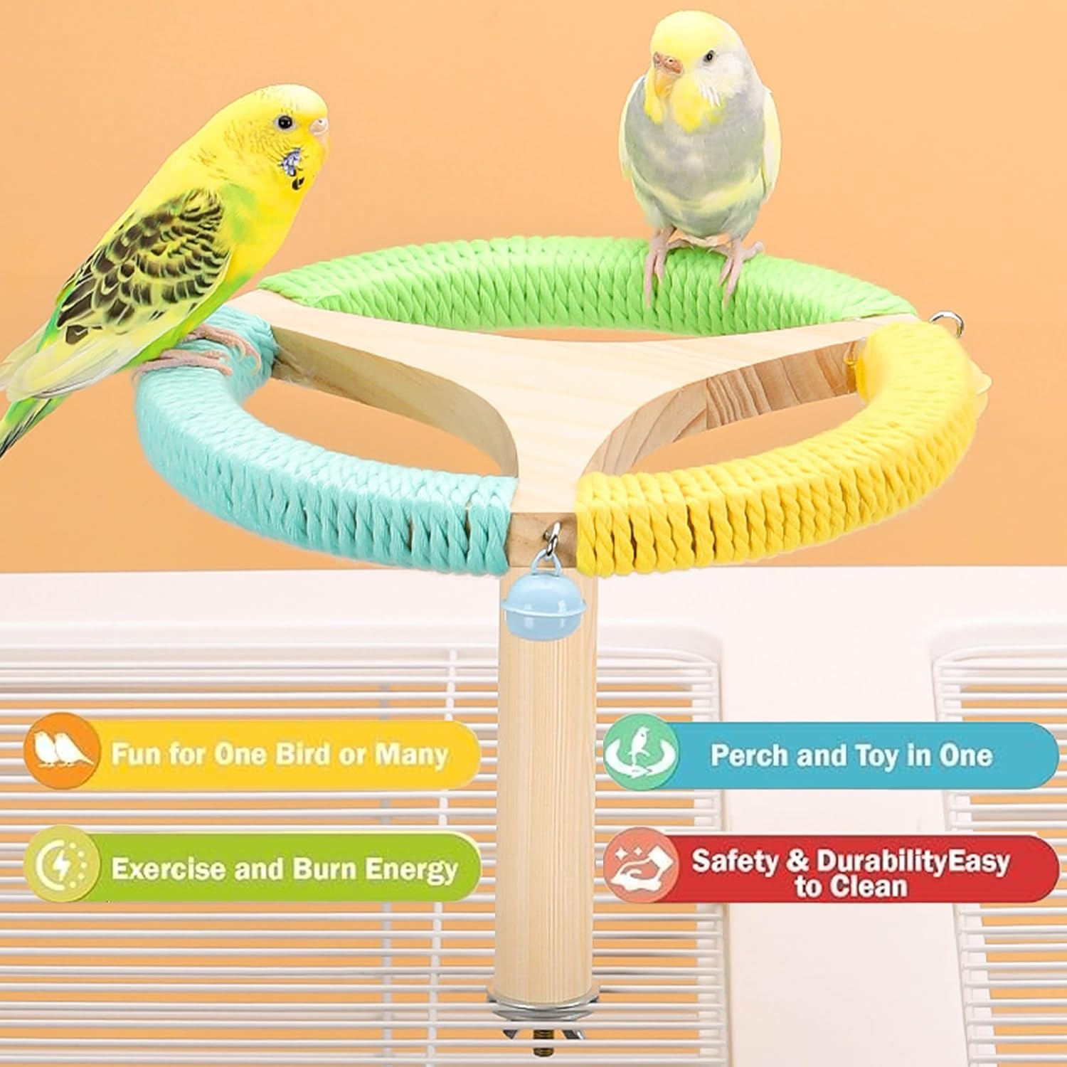 MLKLDOU Bird Stand Perch Toy with Bells, Interactive Spinning Parakeet Toys 360&deg; Wooden Parrot Stand Toys, Bird Cage Accessories for Budgies, Cockatiels, Parrots, Lovebirds