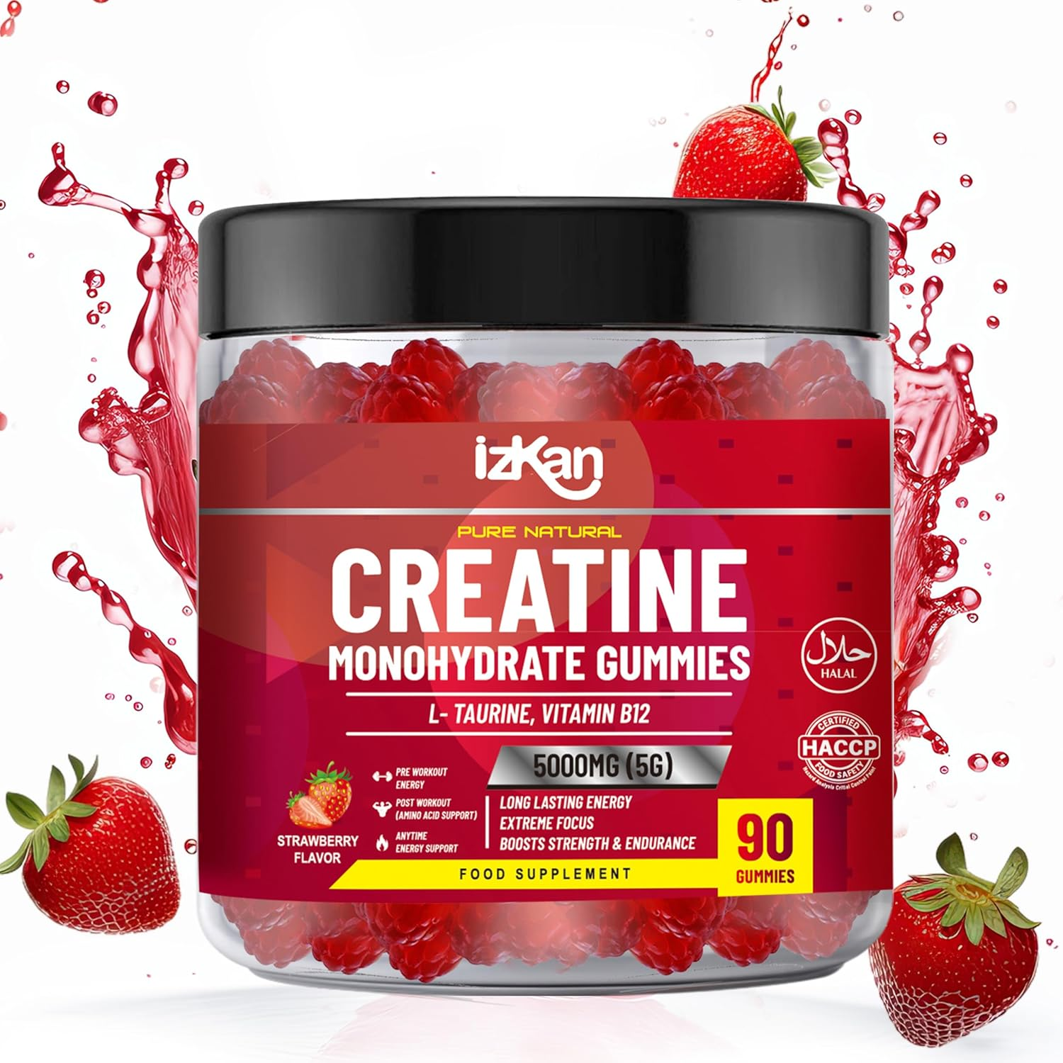 Pro Creatine Monohydrate Gummies 5G for Men & Women - 90 Chewable Creatine Gummies Strawberry Flavoured Gym Pre Workout Gym Supplement Vegan (1) image number 1