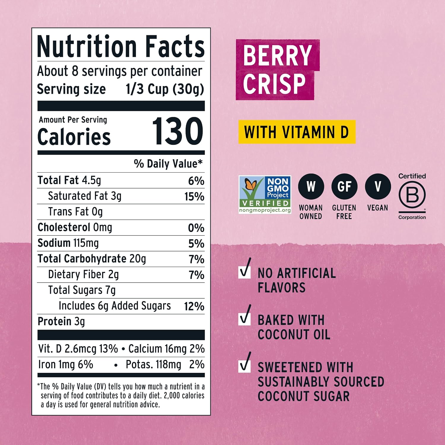 Purely Elizabeth Berry Crisp Granola Wit Vitamin D, Made with Organic Oats and Ancient Grains, Gluten-Free, Non-Gmo (3 Ct, 8Oz Bags) image number 6