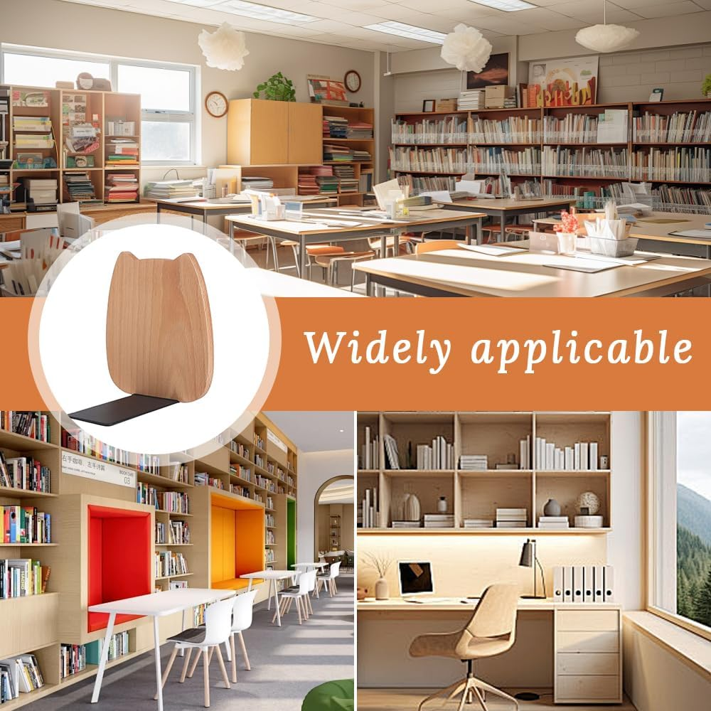 Wood Book Ends,Non-Skid Bookends for Heavy Books, Simple Wooden Desktop Bookshelf,Beechwood Cute Cat Bookends,Suitable for Home, School, Office and Library(1 Pair) image number 1