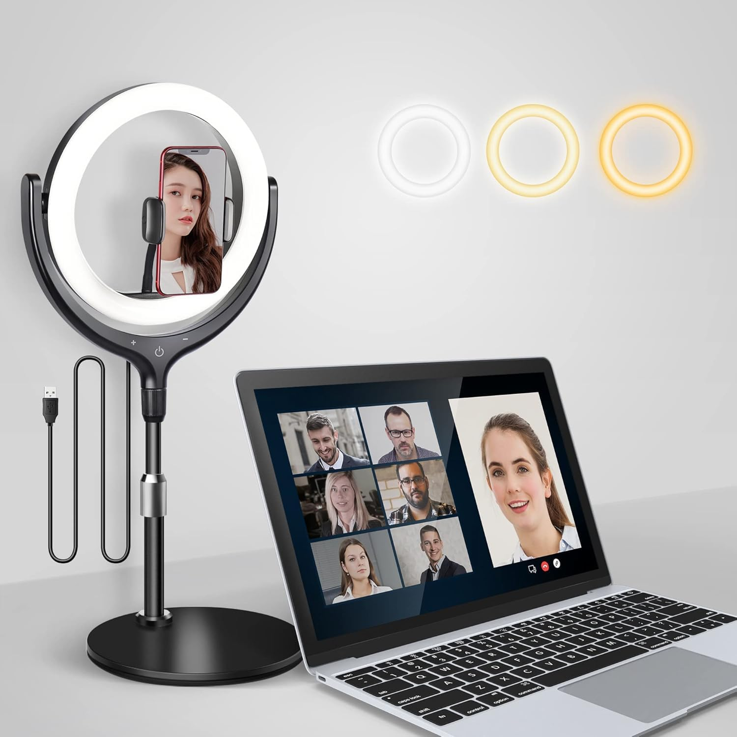 10&rsquo;&rsquo; Led Ring Light for Laptop Zoom Meeting & Video Conferencing, Desk Video Conference Lighting for Computer Webcam, Selfie Ring Light with Stand & Phone Holder for Streaming/Youtube/Makeup ﻿