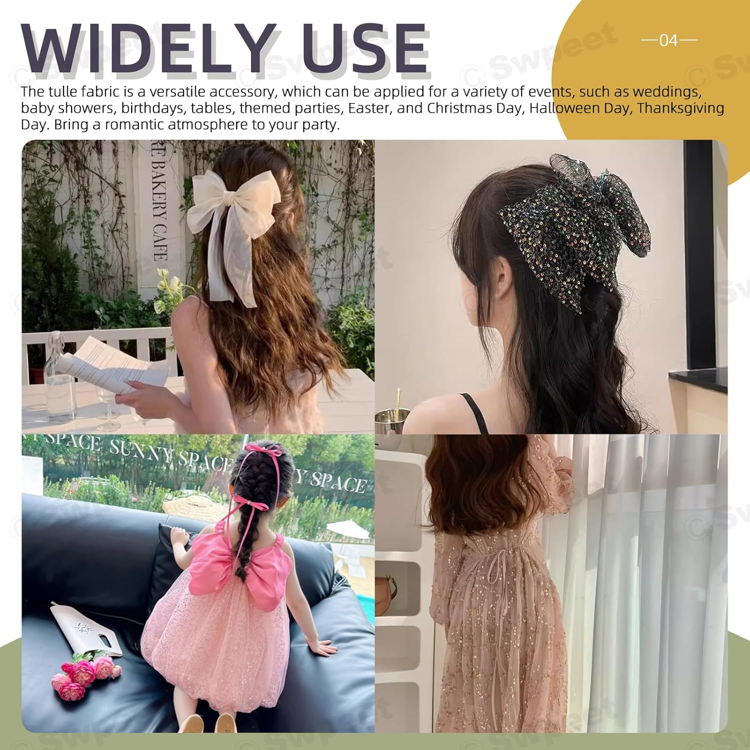 Swpeet 6 Inch by 50 Yards White Glitter Tulle Fabric Roll, Fabric Spool Sparkling Tulle Ribbon, Netting Polyester Spool for DIY Birthday Party Wedding Decorations Christmas Craft Supplies - Black image number 6