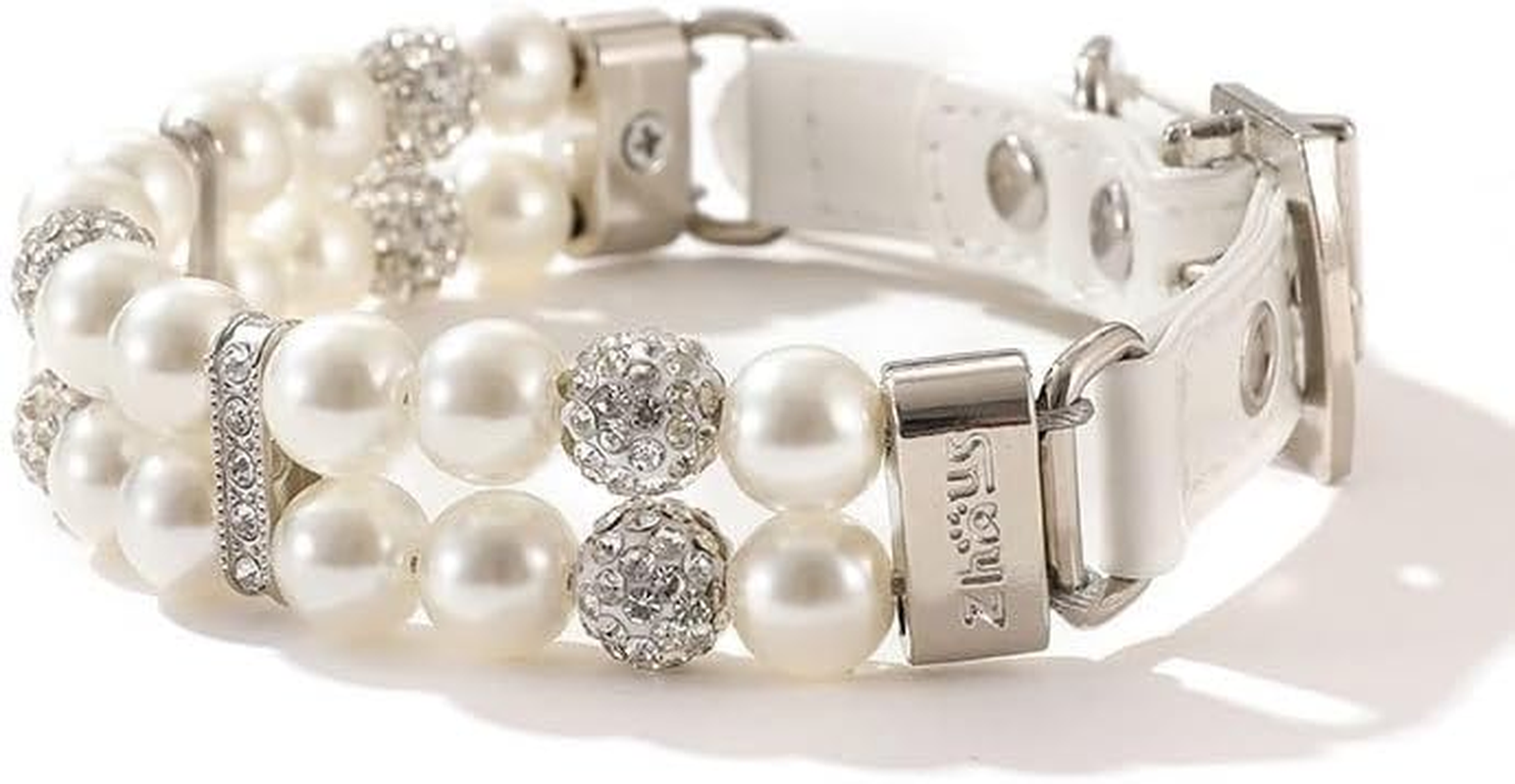 2 Pieces Dog Artificial Pearl Collars Leash Set 2 Rows Pet Imitated Pearl Necklace and Imitated Pearl Wire with Crystal Rhinestone Cat Imitated Pearl Neck Strap for Pet (White, M) image number 4