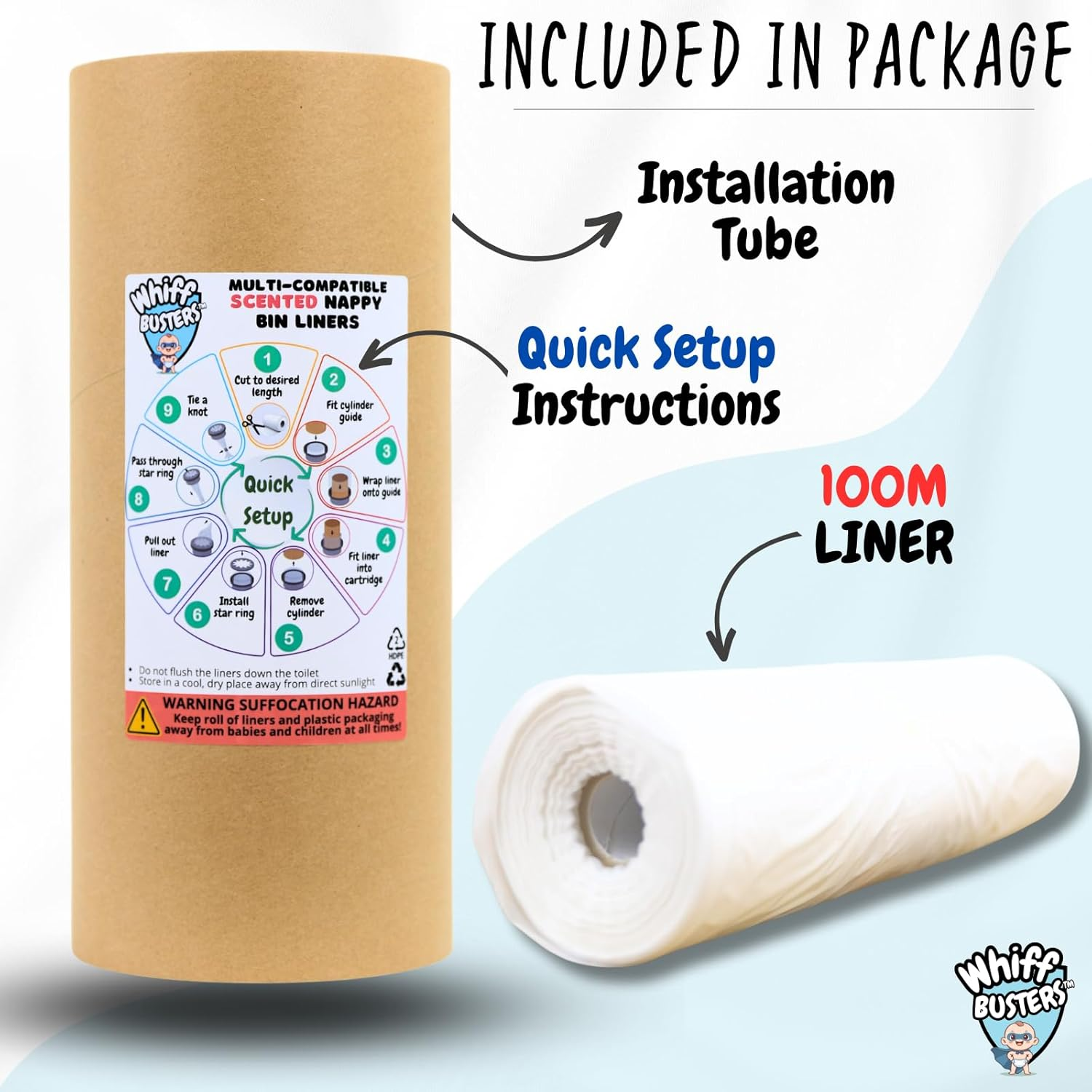 Whiffbusters Refills Nappy Bin Liners - Compatible with Twist and Click Nappy Bin Systems - for Tommee Tippee, Closer to Nature, Diaper Genie - Scented Diaper Trash Bags (100M) image number 3