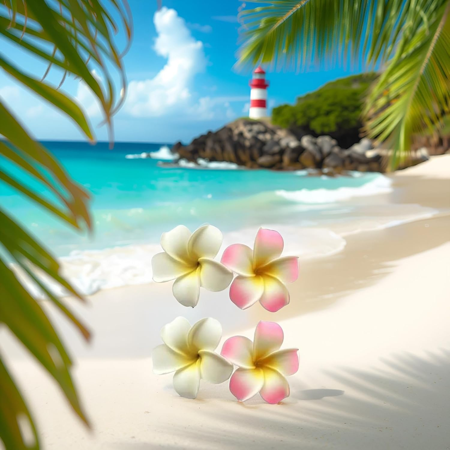 4 Pcs 7Cm White and Pink Hawaiian Frangipani Plumeria Foam Head Flower Party Beach Hair Clip Hair Clips Clips and Barrettes image number 4