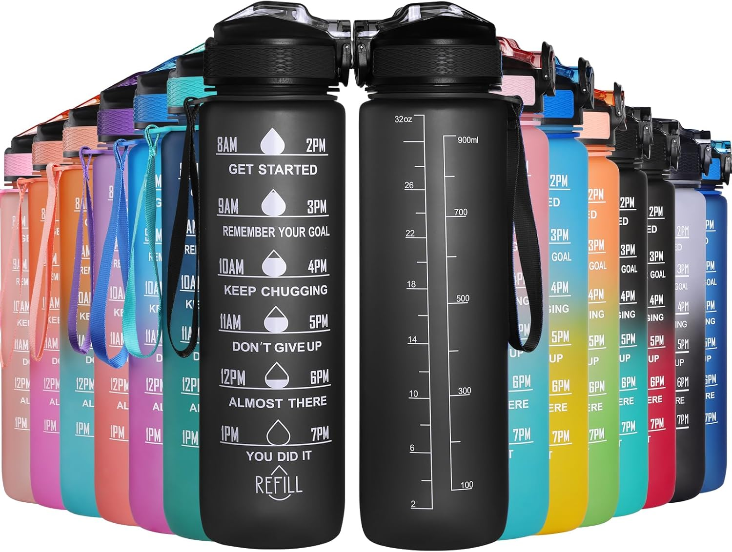 Geeric Sports Water Bottle, 1 Litre Drinking Bottle with Scale & Time Marker Leak-Proof Large Capacity Bottle Straw Cap Durable for Teenager, Adult, Sports, Gym, Fitness, Outdoor, Cycling 32Oz/1000Ml