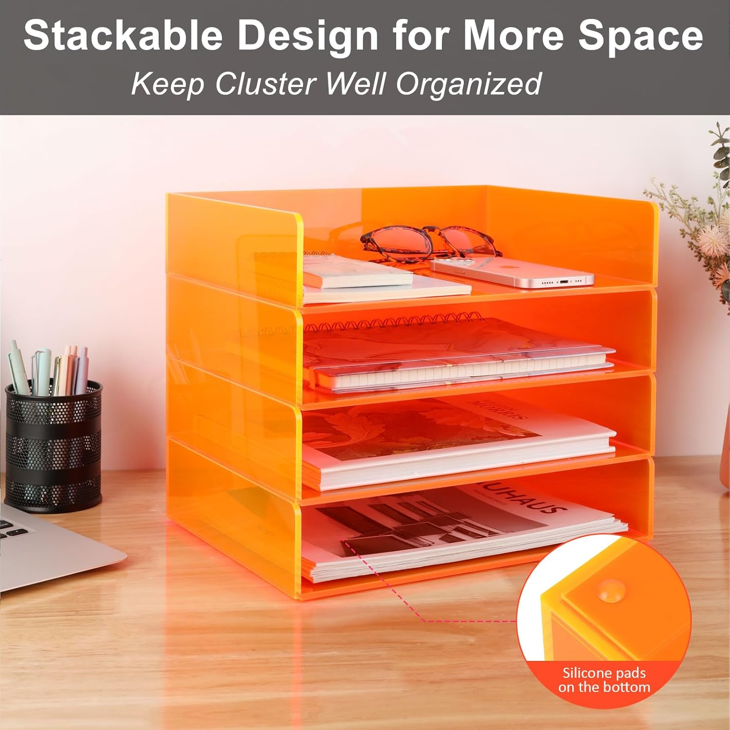 Gelite Acrylic File Organizer for Desk 4 Tiered Stackable Letter Tray Office Paper Storage Desktop Document Sorter, Neon Orange - Neon Green image number 4