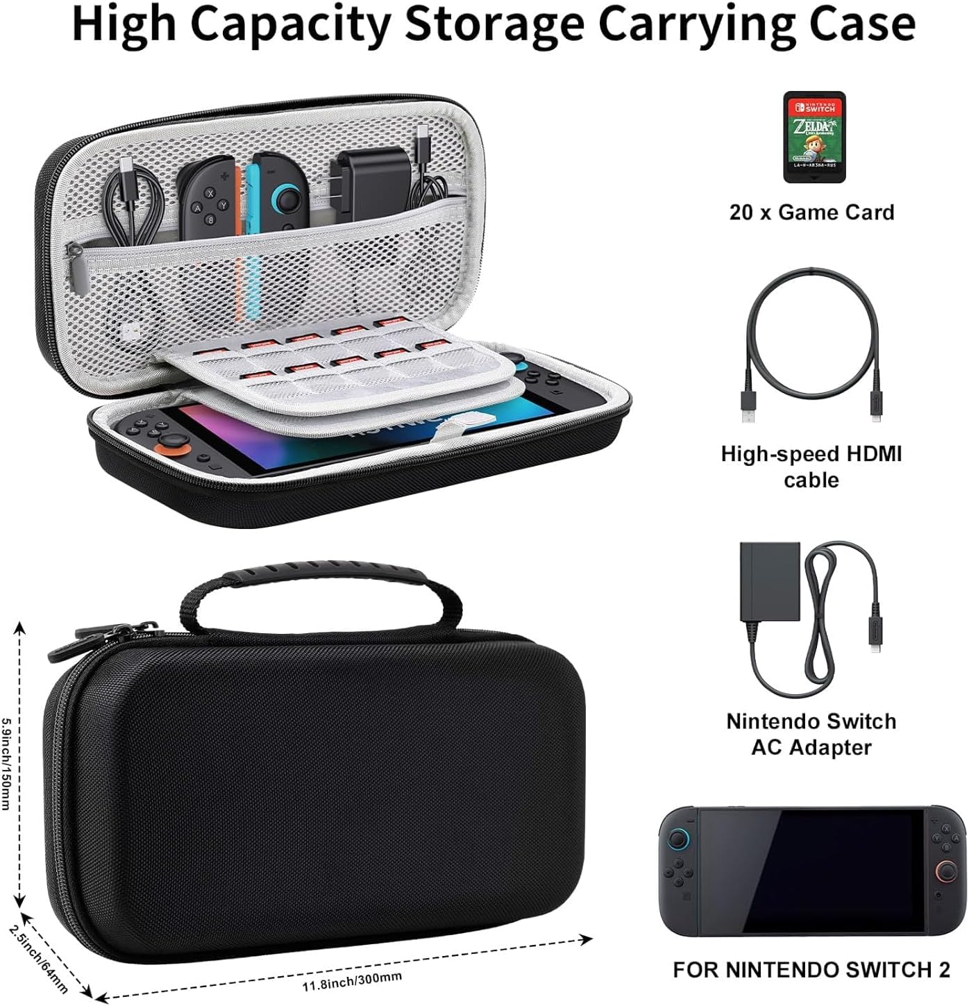 Carrying Case Compatible with Switch 2 (2025) 7.9 Inch, Protective Hard Shell Portable Travel Case, Durable Ballistic Nylon, Lightweight and Large Capacity, Accessories Compatible with Switch 2, Black