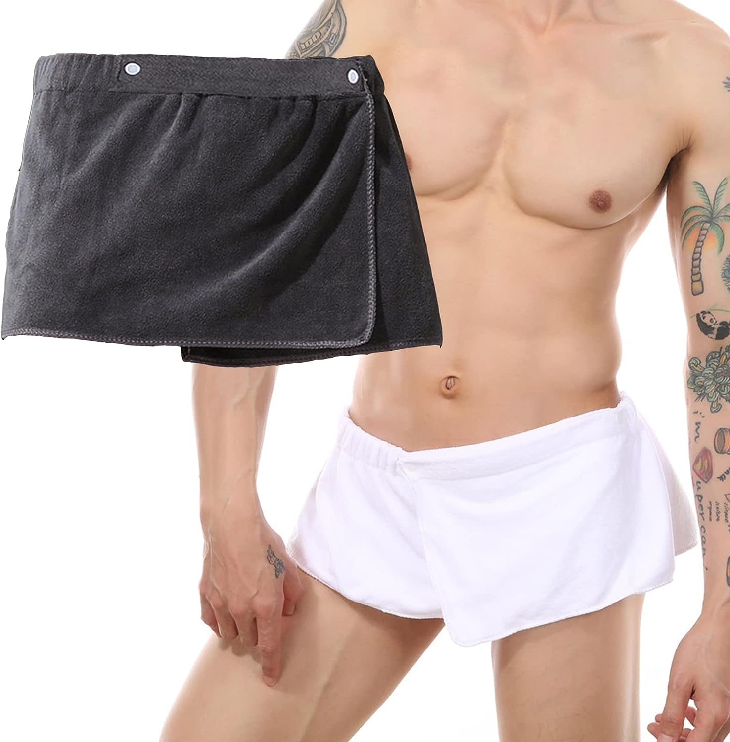 VOPHIA 2 Pack Men'S Towel Wrap Swimming Beach Towel Blanket Elastic Waist Towel for Sauna or Gym, Adjustable Bath Towel Wrap, Microfiber, White+Grey