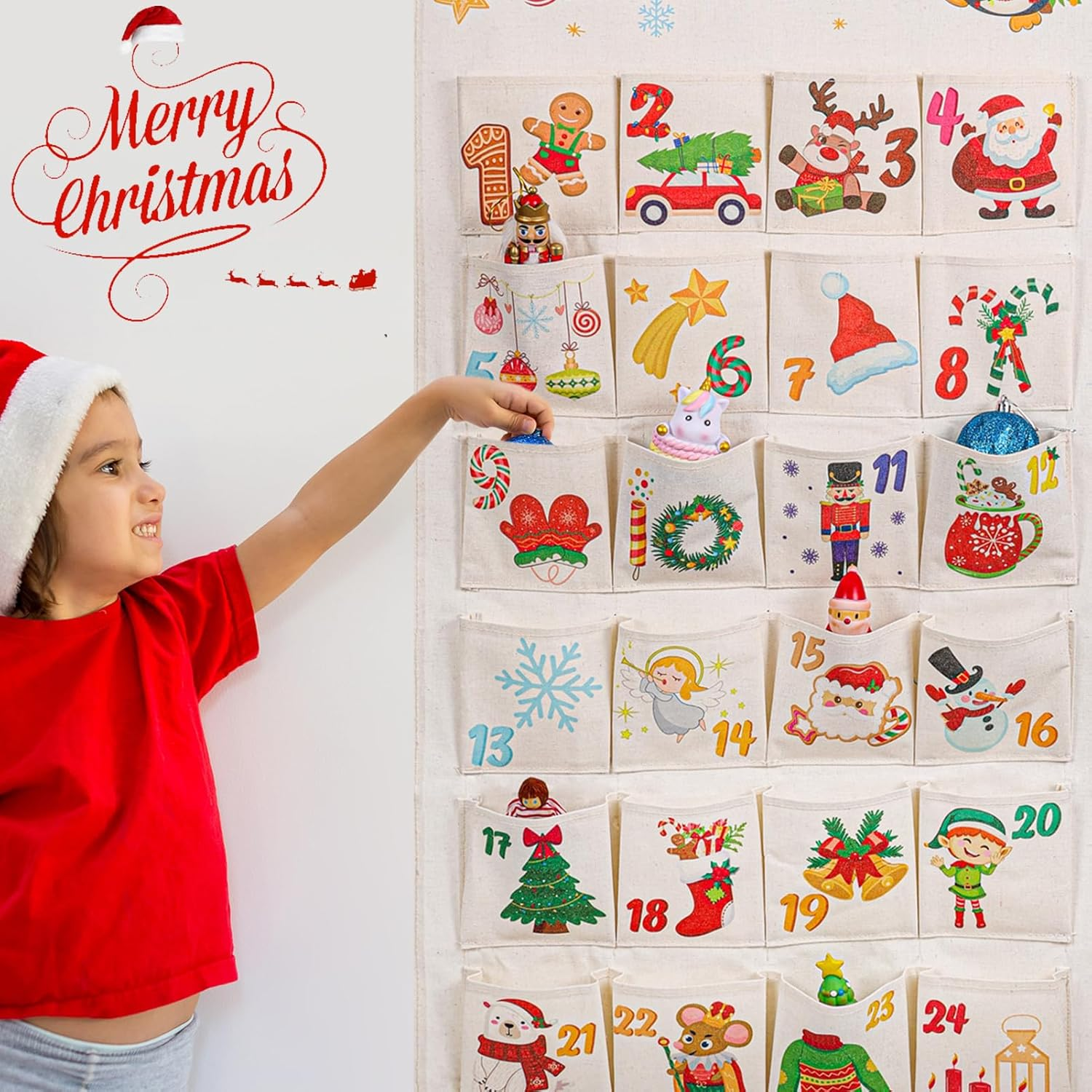 HOWAF Fabric Christmas Advent Calendar (Countdown to Christmas), 24 Days Mystery Christmas Countdown Calendar with 24 Pockets for Xmas Holiday Home Wall Decoration image number 2