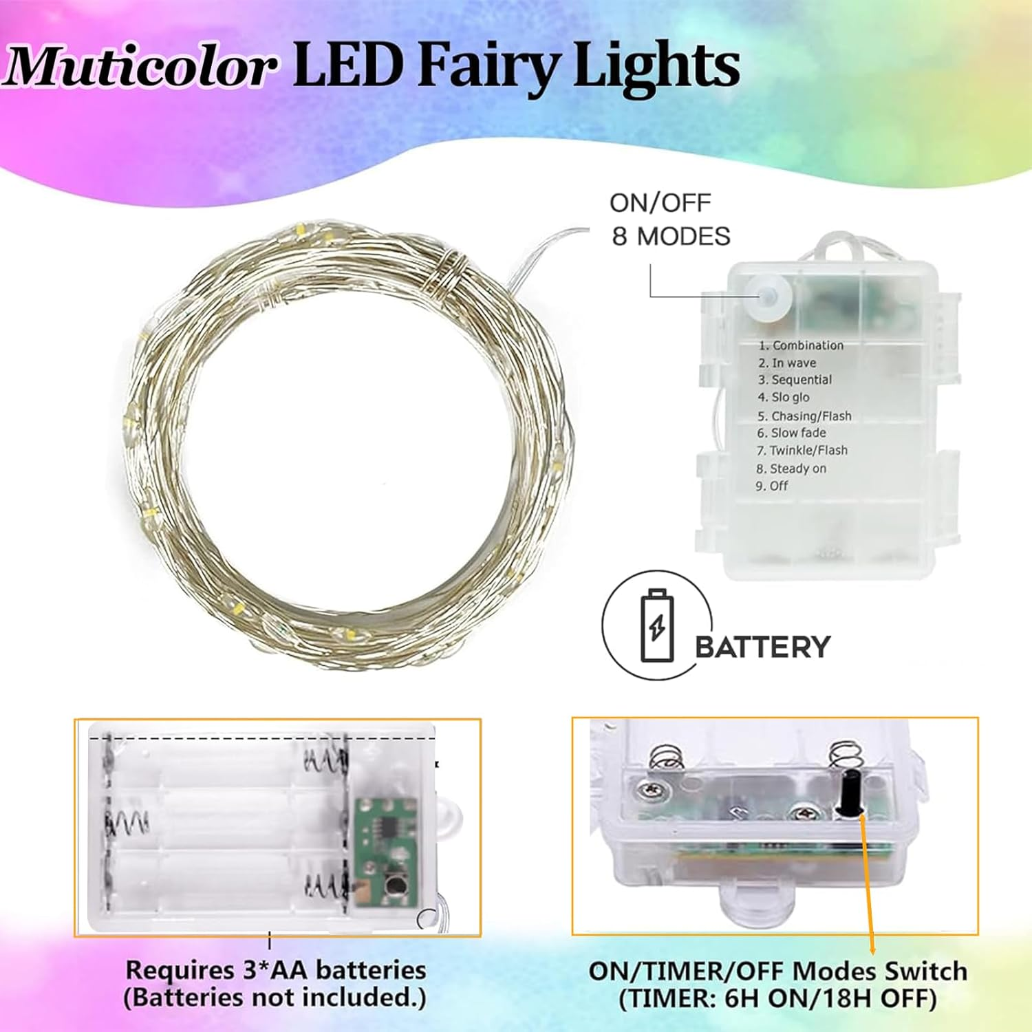 33Ft 100 LED String Lights, 2Packs Multicolor Fairy Lights Battery Operated with 8 Modes Led Twinkle Lights for Bedroom Wedding Birthday Party image number 3