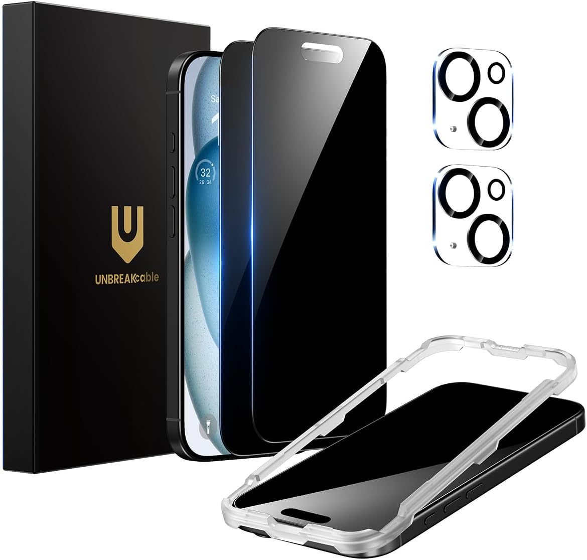 Unbreakcable Privacy Screen Protector for Iphone 15 (6.1 Inch), Pack of 2 + 2 Camera Protection Films, 25&deg; Anti-Spy, 9H Hardness, Anti-Fingerprint, HD Clarity Tempered Glass