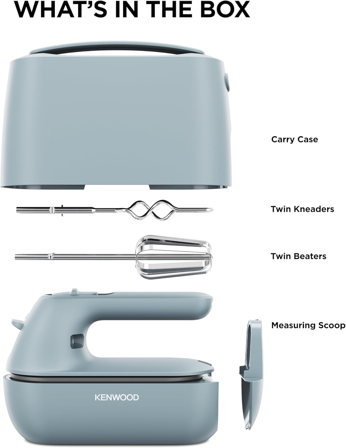 Kenwood Quickmix Go HMP40000GY, Portable Hand Mixer with Integrated Carrying Case, Sureeject Release, Stainles Steel Beater and Kneaders Included, Measuring Spoon, 350W, Storm Blue