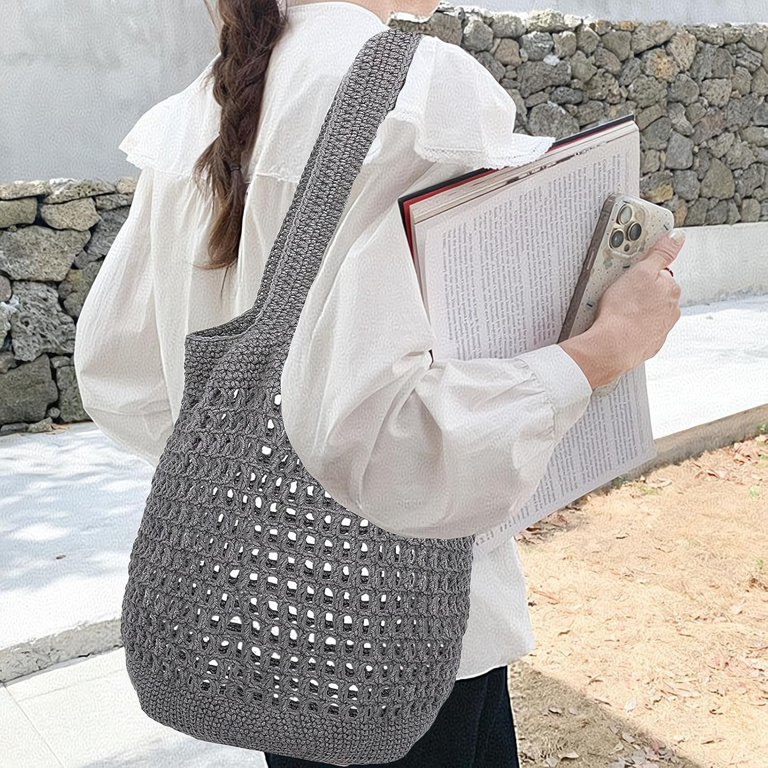 REGODI Beginner Crochet Kit with Video Tutorials - Gray Granny Square Tote Bag for Adults, Easy Knitting Kit for Beginners, DIY Craft Projects image number 3