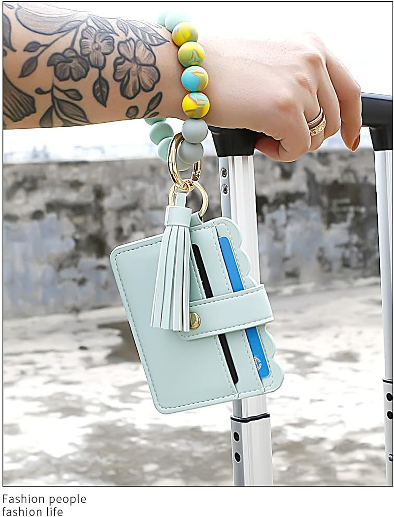 Silicone Beaded Bracelet Leather Keychain Wallet ID Card Holder Keyring Wristlet Bracelet Key Ring Chain Tassel Purse Women Girls Mint Green image number 3