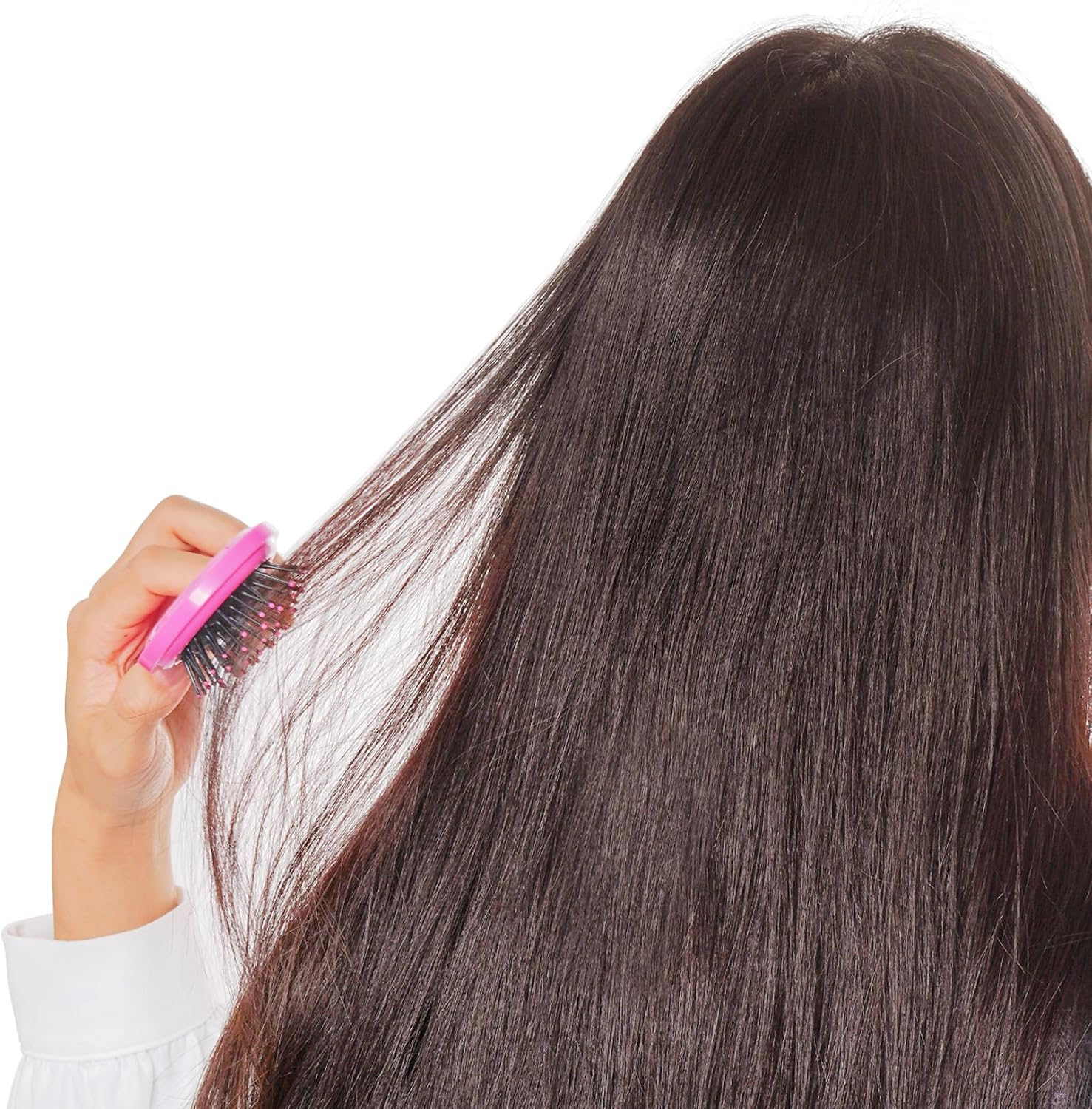 OJIOUI 2Pcs Mini Folding Hair Brush with Mirror round Small Portable Pocket Hair Brush Travel Size Mini Pop up Hairbrush for Women Girls (Rose Red, Purple) image number 4