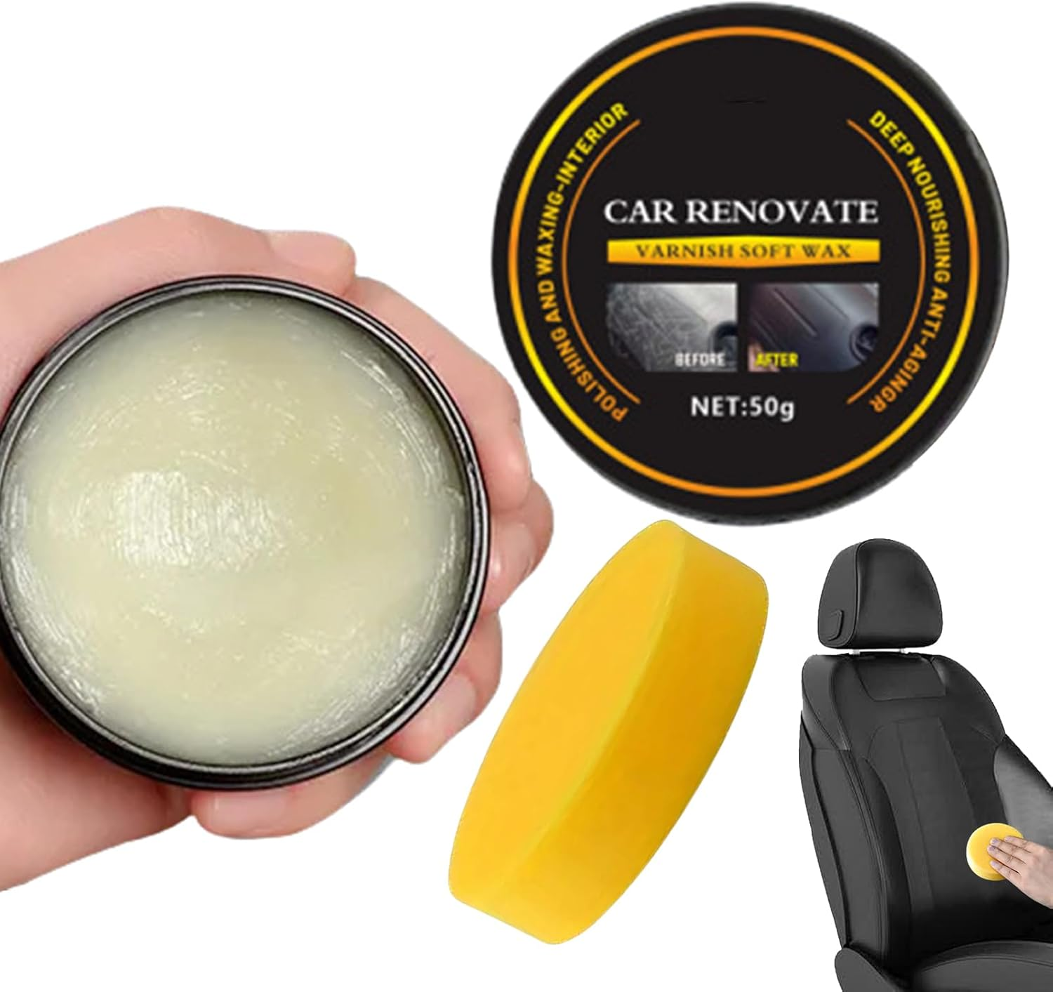 Rukjmqi Leather Car Cleaner | Car Polishing Wax 50G | Heat-Resistant Renovation Paste with Sponge High-Gloss Automotive Interior Care Supply for Marine Headlight Boat Floor