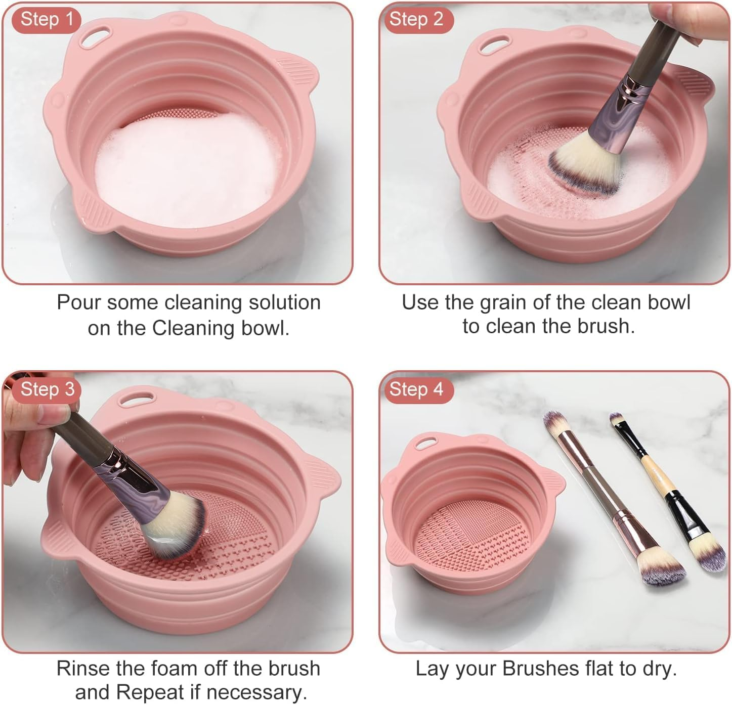 Foldable Silicone Makeup Brush Cleaner Bowl - Portable Cleaning Tool for Brushes, Powder Puffs, and Sponges (Pink, One Size) image number 3