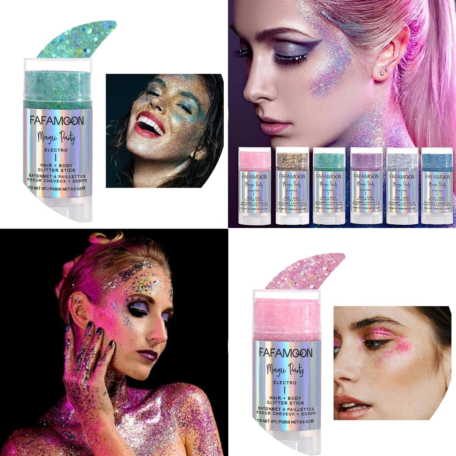 6 Color Chunky Glitter Gel Stick Face & Body Shimmer for Festivals, Makeup & Nail Art | Iridescent Flakes for Eyes, Lips, Hair image number 1