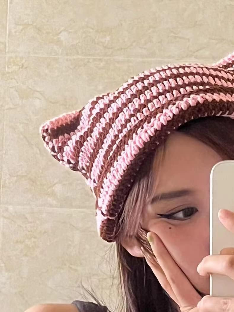 Women Girls Boys Teens Cute CAT Kitty Ears Hats, Winter Warm Knitted Stripe Grunge Accessories Slouchy Headgear - Black image number 2