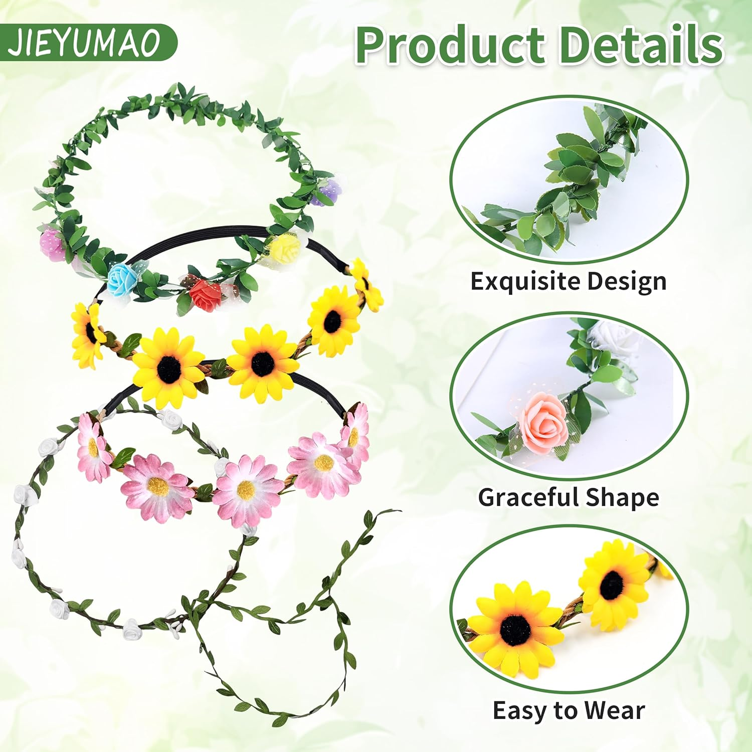 JIEYUMAO 8Pcs Flower Crown, Various Styles Artificial Floral Crown for Women, Fashion Daisy Flower Headband Floral Garland Headband Greenery Crown Bridal Hair Garland for Wedding Festival Party
