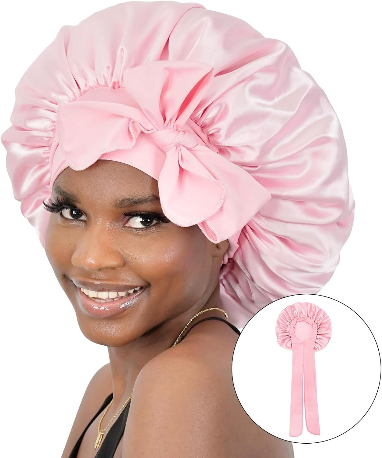 Mniimaluxe Sleep Cap Hair Protection, Silk Hood for Sleeping, Satin Sleep Cap, Bonnet Sleep Cap, Curl Hood, Pink, M image number 4