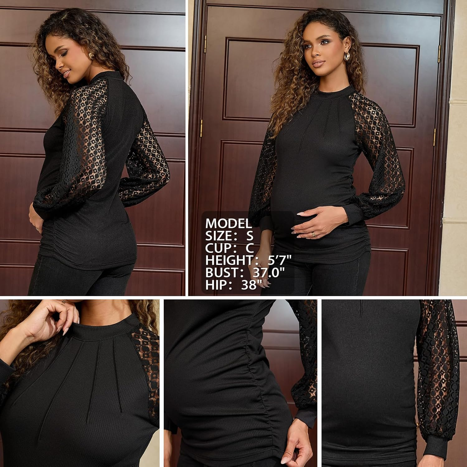 Bhome Maternity Long Sleeve Pleated Shirts for Women Business Casual Lace Tops Blouses image number 3